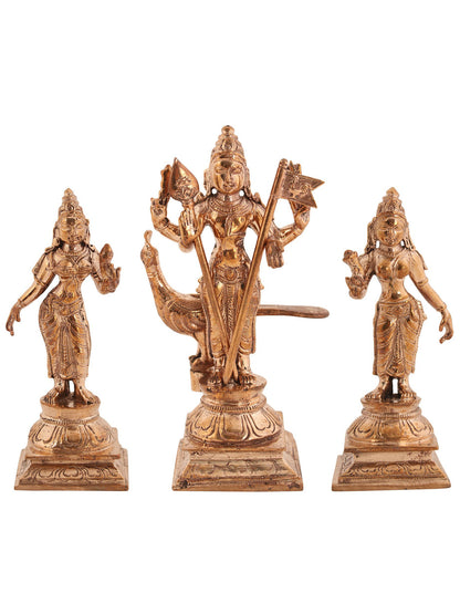 5" Small Bronze Lord Murugan Statue with Devasena and Valli | Handmade