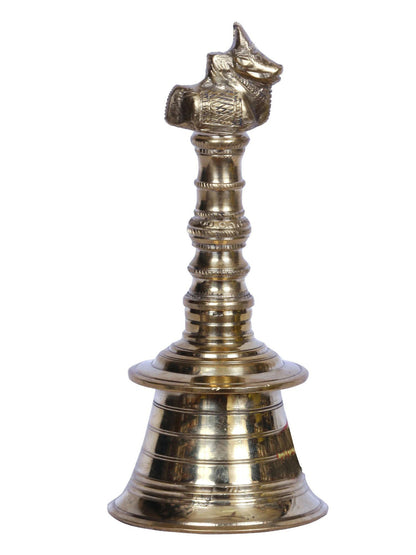 7" Pooja Bell With Seated Nandi On Top In Brass | Handmade Brass Bell For Gifting