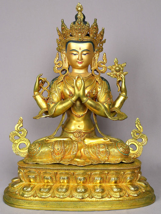 19" Avalokiteshvara Gilded Copper Statue From Nepal | Handmade | Buddhist Statue