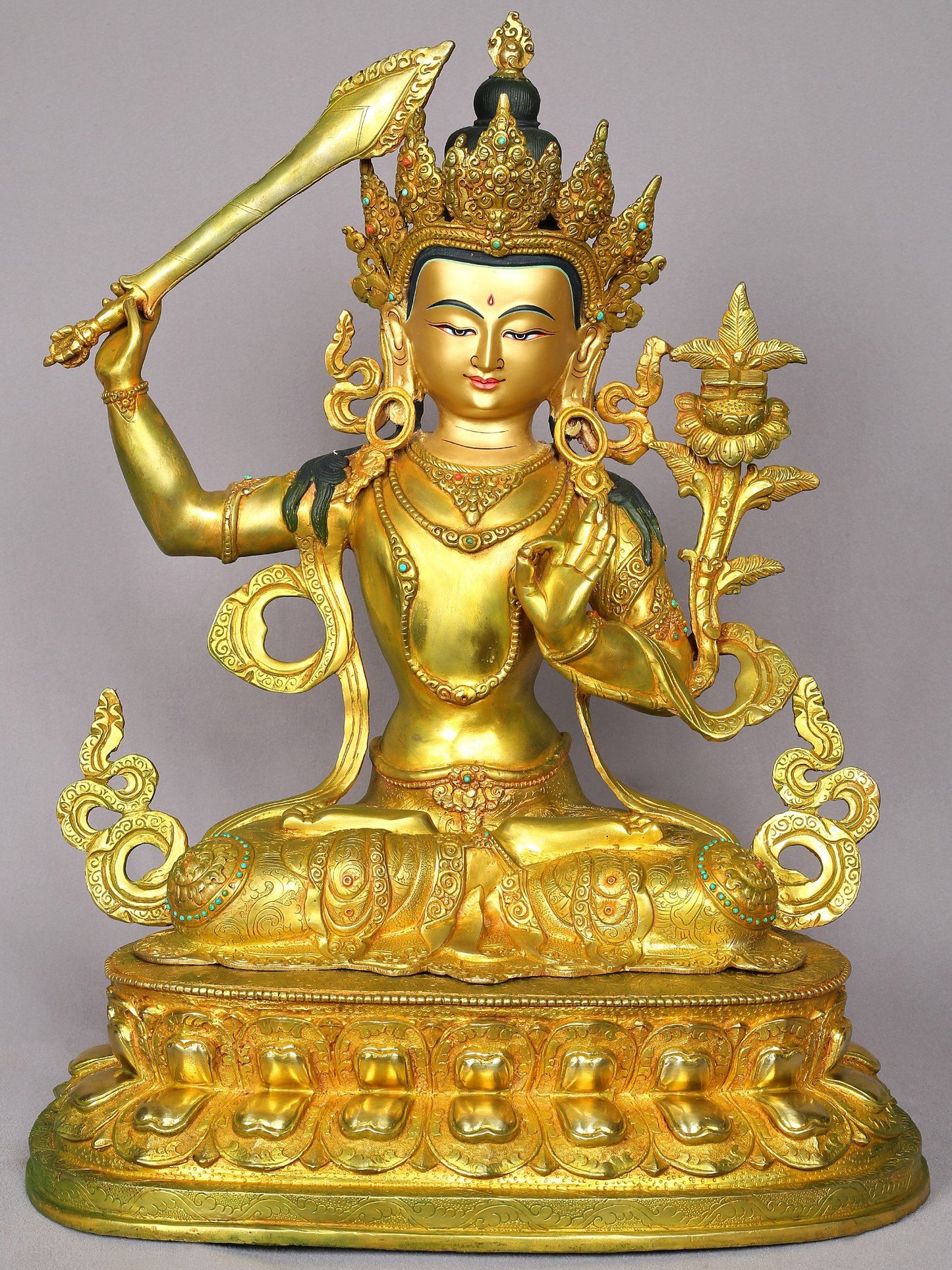 19" Manjushri Idol With Sword | Handmade Buddhist Idol | Nepalese Gilded Copper Statue