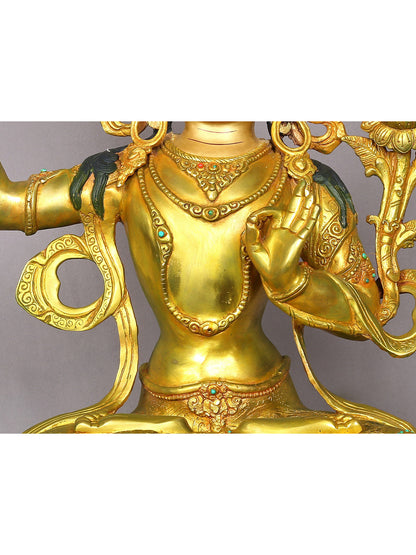 19" Manjushri Idol With Sword | Handmade Buddhist Idol | Nepalese Gilded Copper Statue