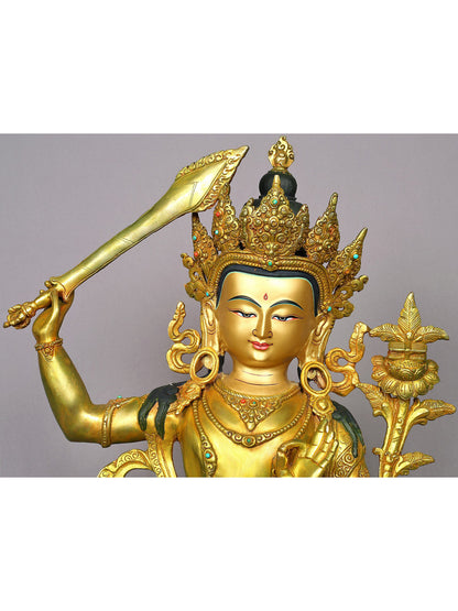 19" Manjushri Idol With Sword | Handmade Buddhist Idol | Nepalese Gilded Copper Statue