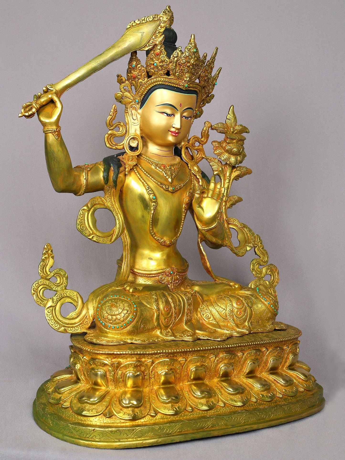 19" Manjushri Idol With Sword | Handmade Buddhist Idol | Nepalese Gilded Copper Statue