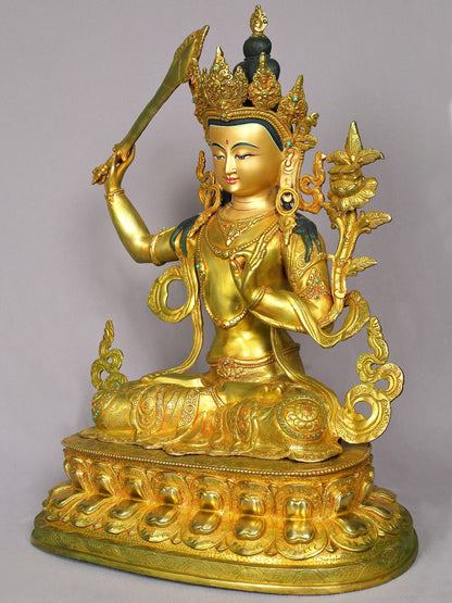 19" Manjushri Idol With Sword | Handmade Buddhist Idol | Nepalese Gilded Copper Statue