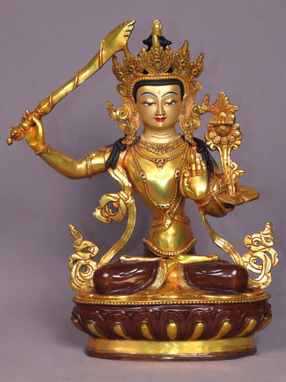 13" Manjushri Copper Statue From Nepal | Handmade | Tibetan Buddhist Deity Idols