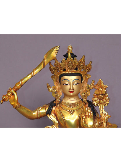 13" Manjushri Copper Statue From Nepal | Handmade | Tibetan Buddhist Deity Idols