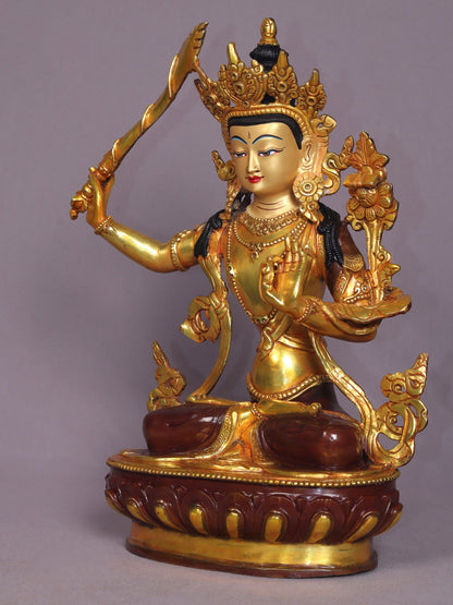 13" Manjushri Copper Statue From Nepal | Handmade | Tibetan Buddhist Deity Idols