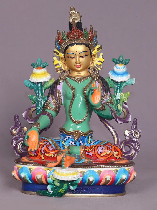 9" Colorful Buddhist Goddess Green Tara Copper Statue | Handmade | Goddess Statue