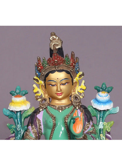 9" Colorful Buddhist Goddess Green Tara Copper Statue | Handmade | Goddess Statue