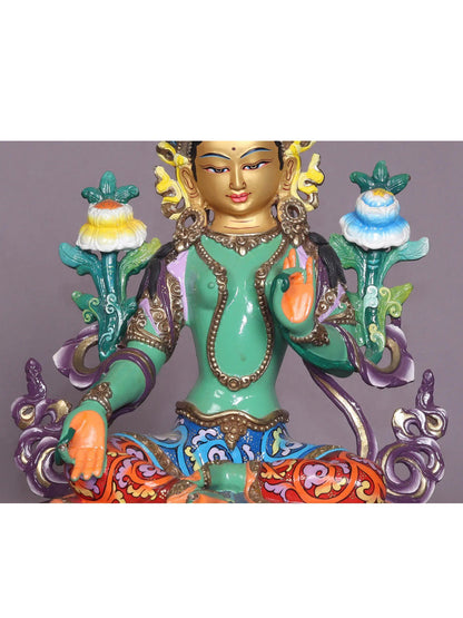 9" Colorful Buddhist Goddess Green Tara Copper Statue | Handmade | Goddess Statue