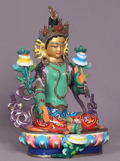 9" Colorful Buddhist Goddess Green Tara Copper Statue | Handmade | Goddess Statue