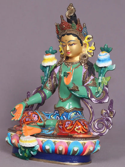 9" Colorful Buddhist Goddess Green Tara Copper Statue | Handmade | Goddess Statue