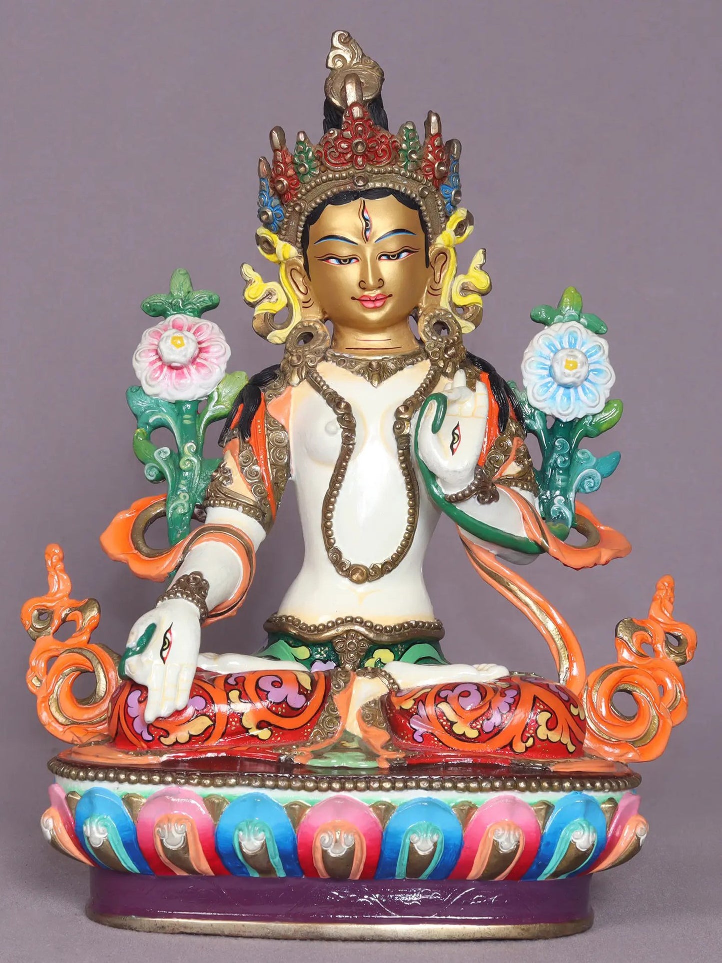 9" Colorful Goddess White Tara Copper Statue From Nepal | Handmade Goddess Statue