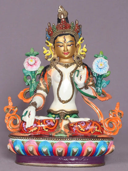 9" Colorful Goddess White Tara Copper Statue From Nepal | Handmade Goddess Statue