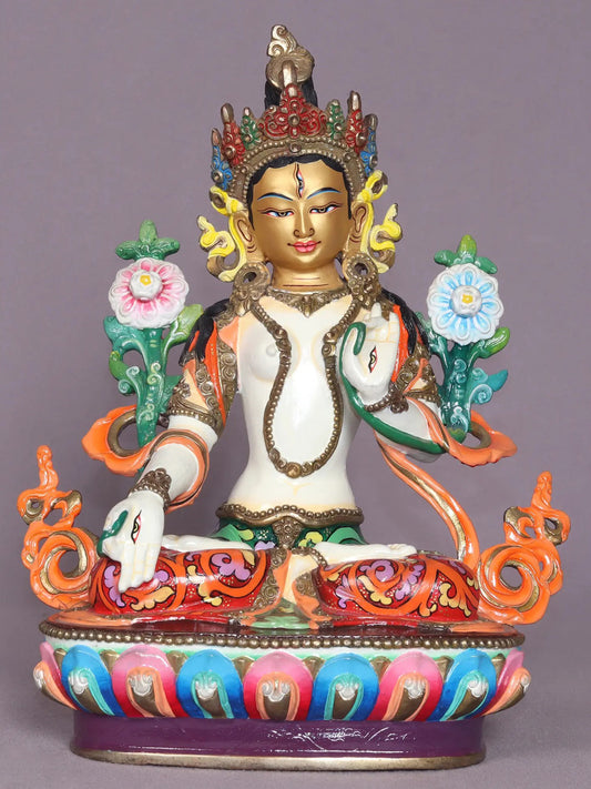 9" Colorful Goddess White Tara Copper Statue From Nepal | Handmade Goddess Statue