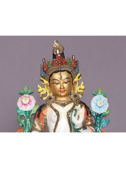 9" Colorful Goddess White Tara Copper Statue From Nepal | Handmade Goddess Statue