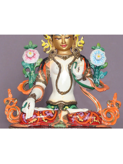 9" Colorful Goddess White Tara Copper Statue From Nepal | Handmade Goddess Statue