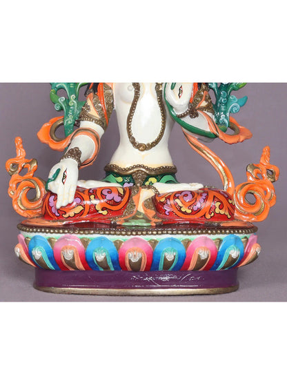 9" Colorful Goddess White Tara Copper Statue From Nepal | Handmade Goddess Statue