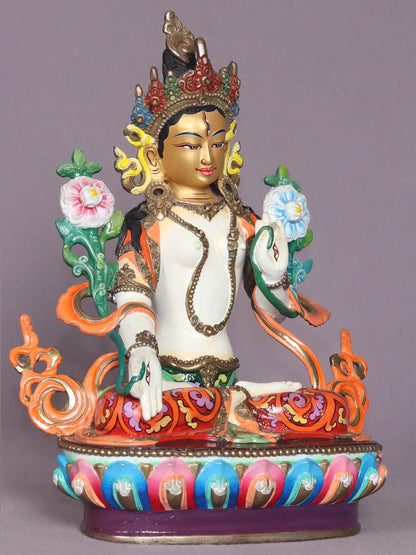 9" Colorful Goddess White Tara Copper Statue From Nepal | Handmade Goddess Statue