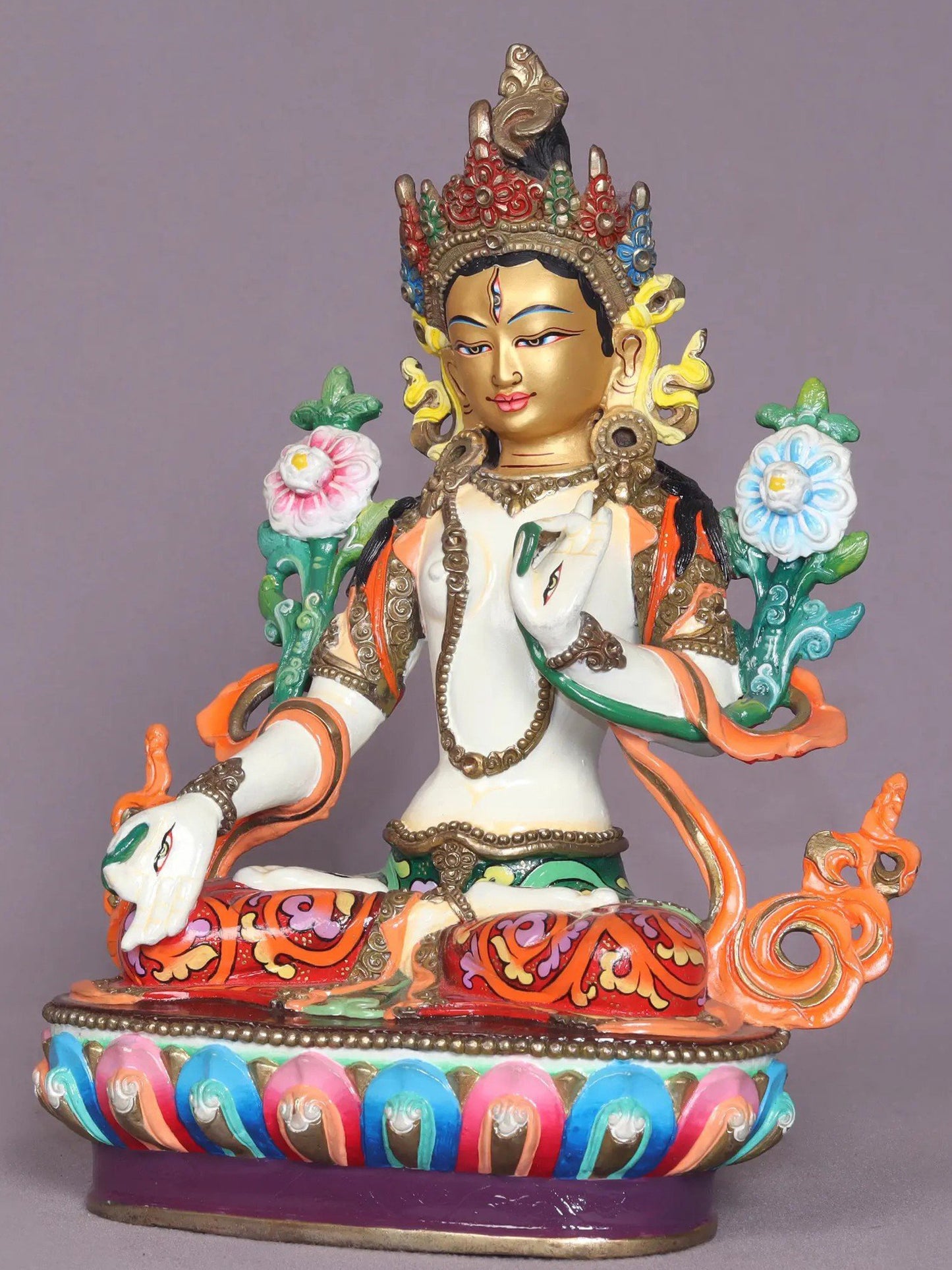 9" Colorful Goddess White Tara Copper Statue From Nepal | Handmade Goddess Statue