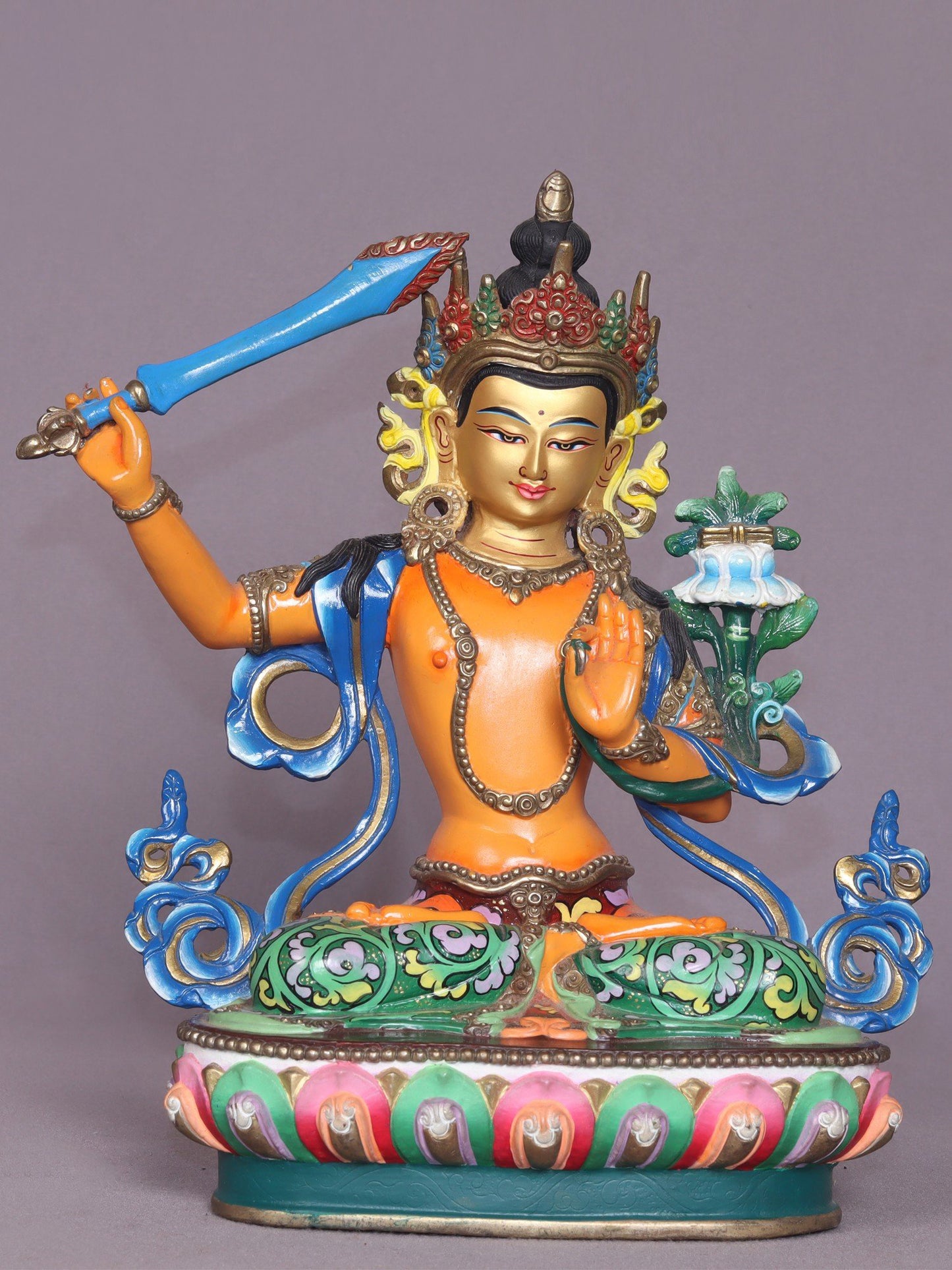 9" Colorful Manjushri Copper Statue From Nepal - Buddha Of Infinite Wisdom | Handmade