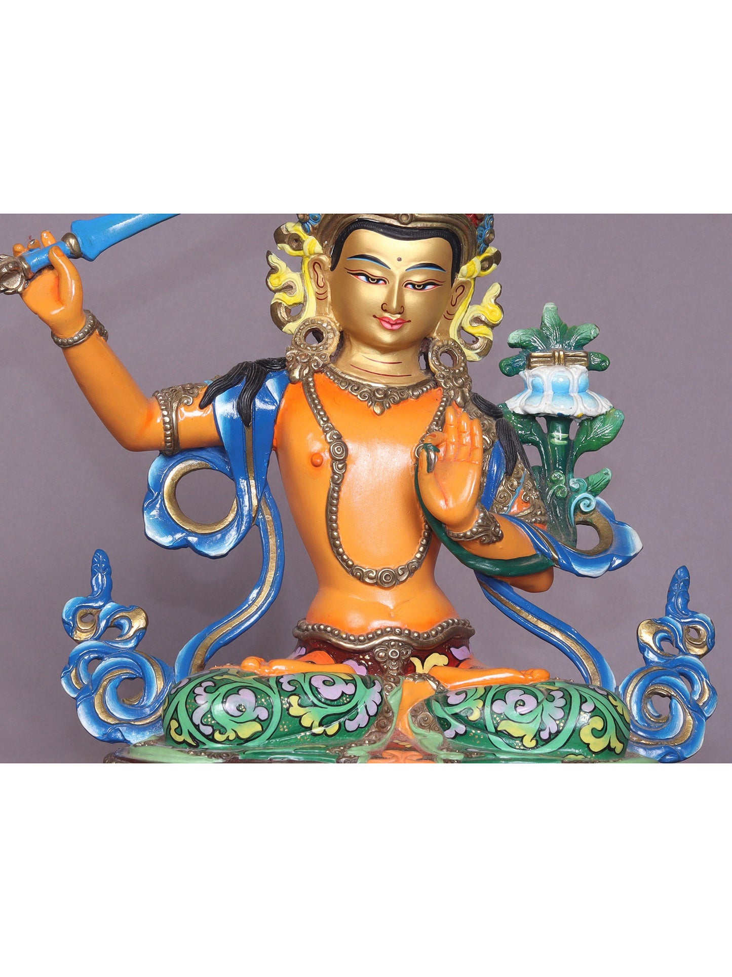 9" Colorful Manjushri Copper Statue From Nepal - Buddha Of Infinite Wisdom | Handmade