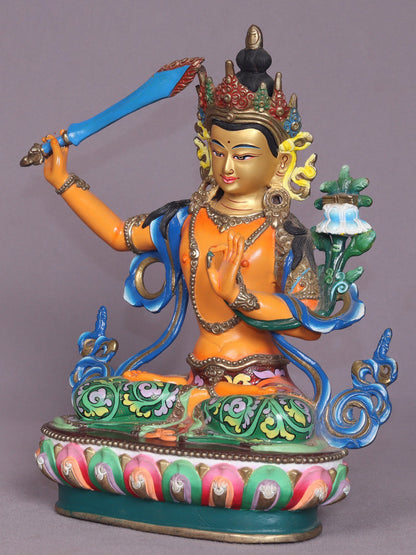 9" Colorful Manjushri Copper Statue From Nepal - Buddha Of Infinite Wisdom | Handmade