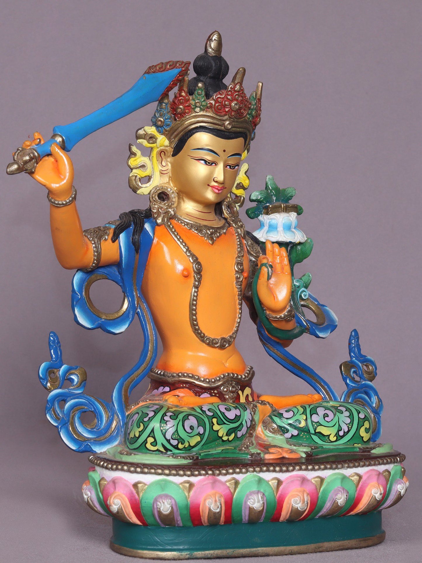 9" Colorful Manjushri Copper Statue From Nepal - Buddha Of Infinite Wisdom | Handmade