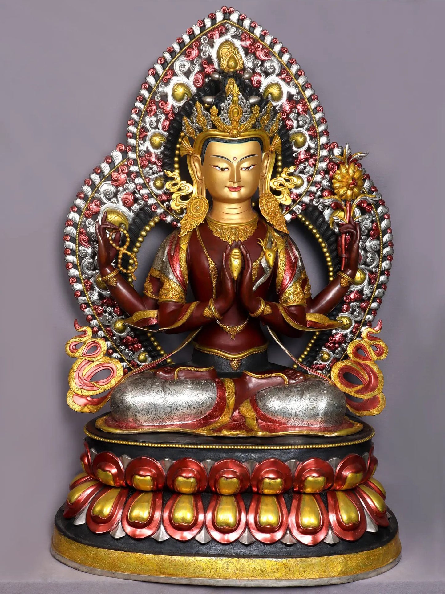 46" Superfine Four Armed Avalokiteshvara Gilded Copper Nepalese Statue | Handmade | Buddhist Statue