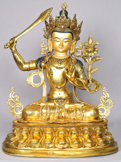 19" Manjushri Statue From Nepal | Handmade Buddhist Idol | Nepalese Copper Sculptures