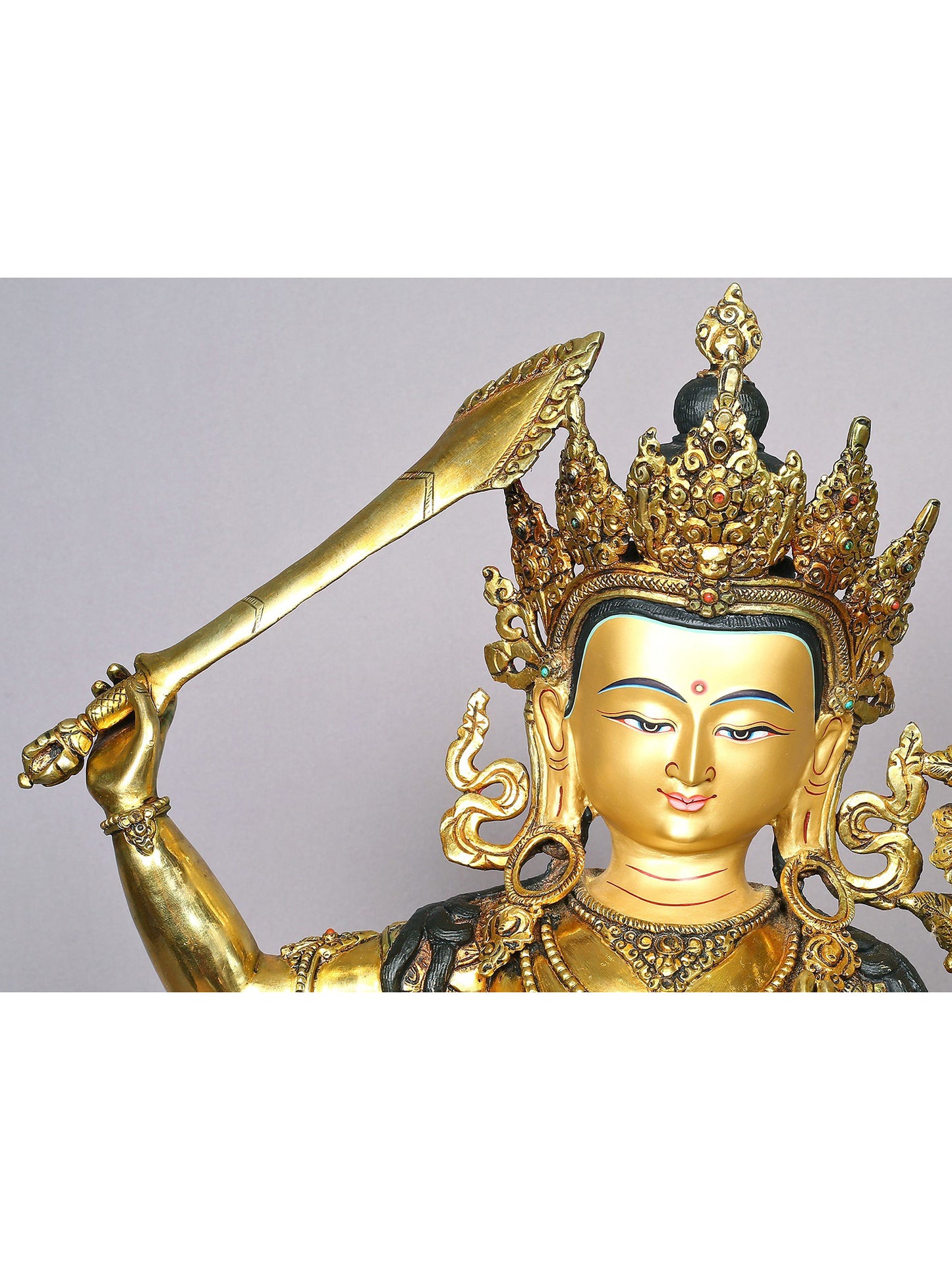 19" Manjushri Statue From Nepal | Handmade Buddhist Idol | Nepalese Copper Sculptures