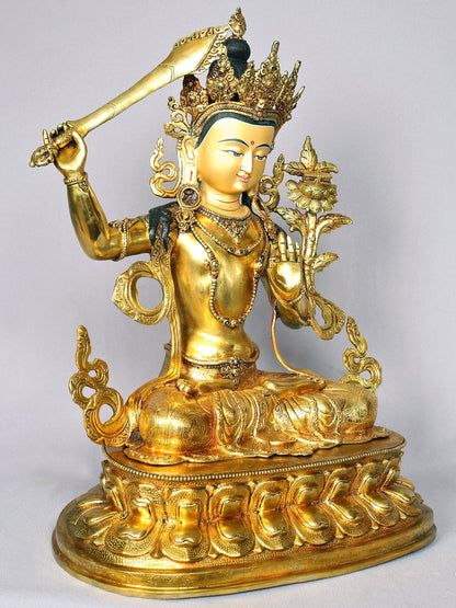 19" Manjushri Statue From Nepal | Handmade Buddhist Idol | Nepalese Copper Sculptures