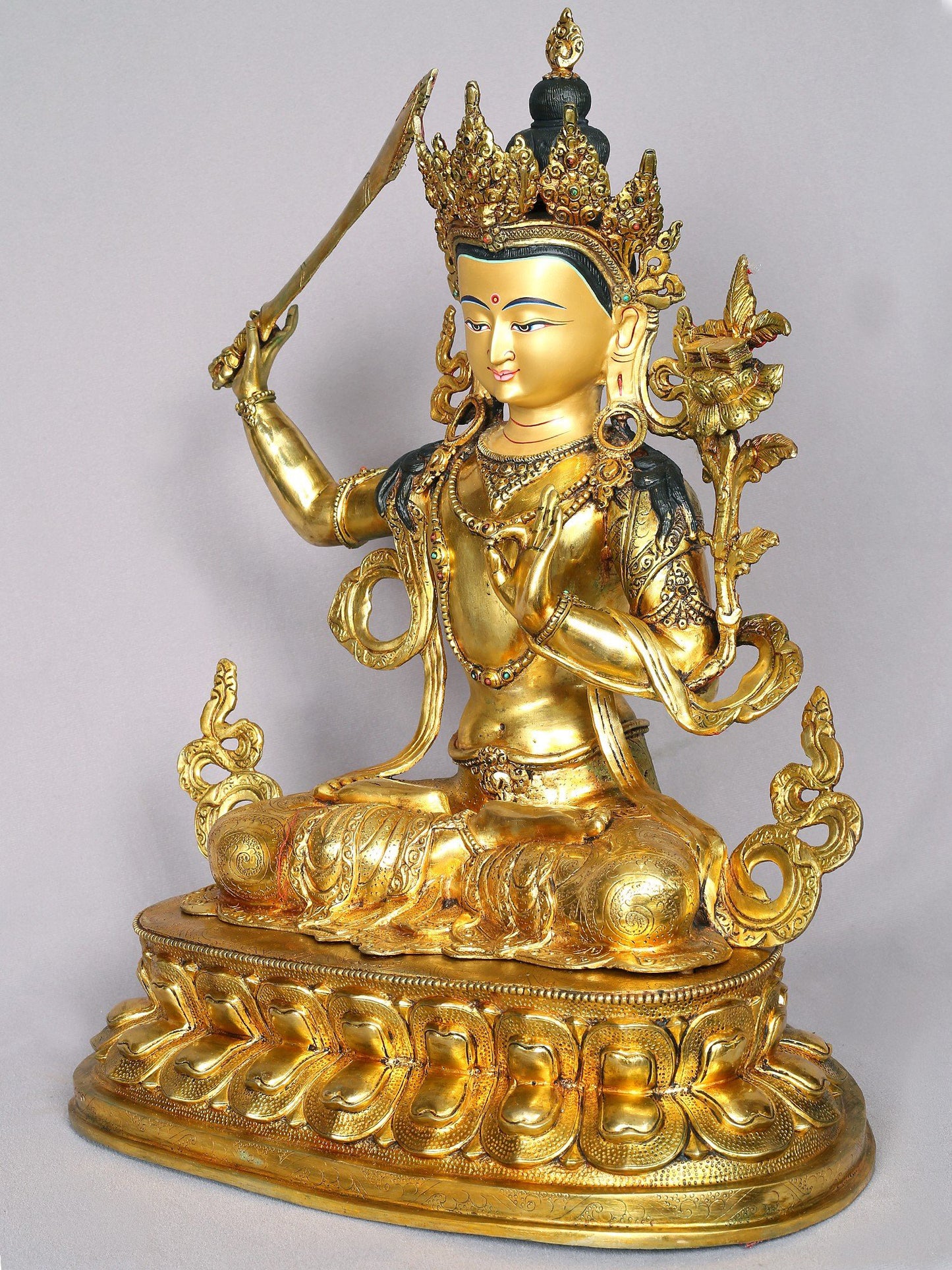 19" Manjushri Statue From Nepal | Handmade Buddhist Idol | Nepalese Copper Sculptures