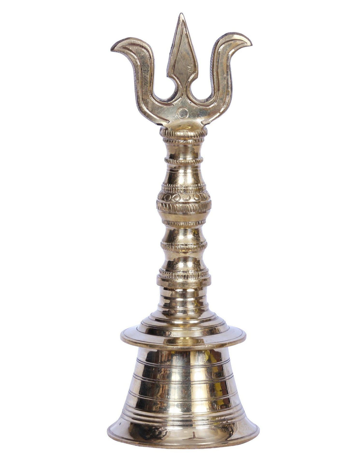 7" Brass Pooja Bell With Trishul Handle On Top For Temple | Handmade Brass Bell For Gifting