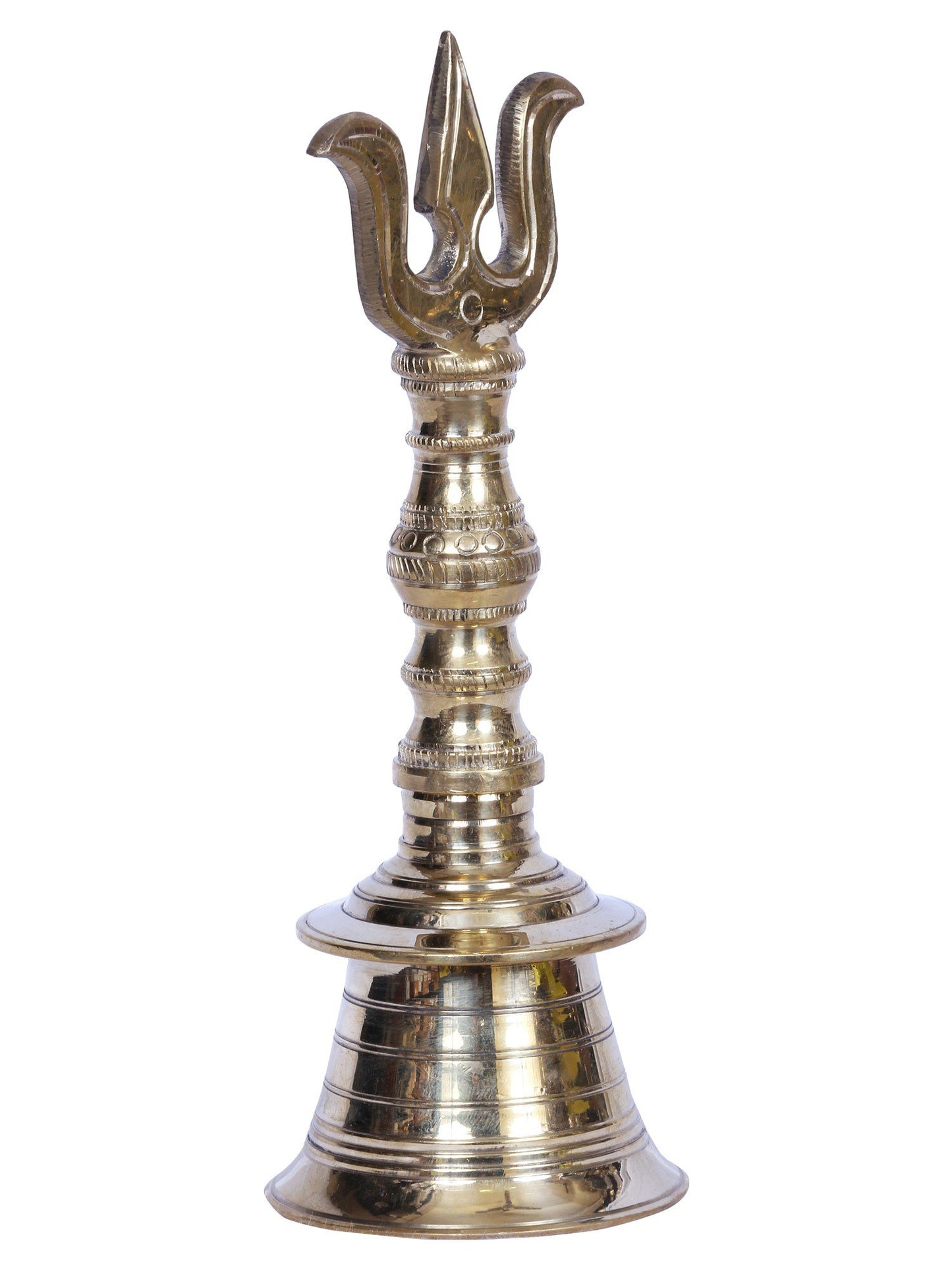 7" Brass Pooja Bell With Trishul Handle On Top For Temple | Handmade Brass Bell For Gifting