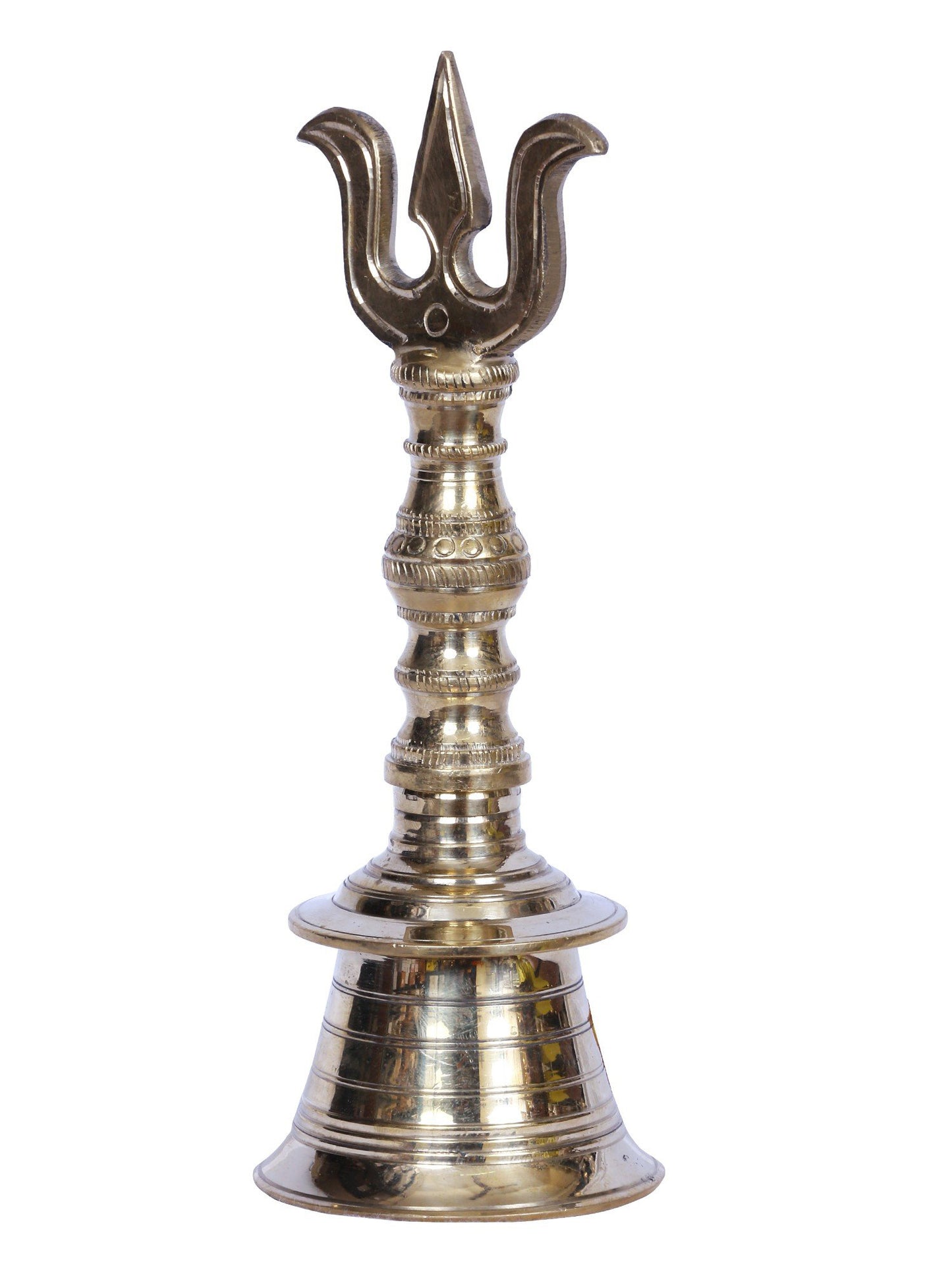 7" Brass Pooja Bell With Trishul Handle On Top For Temple | Handmade Brass Bell For Gifting