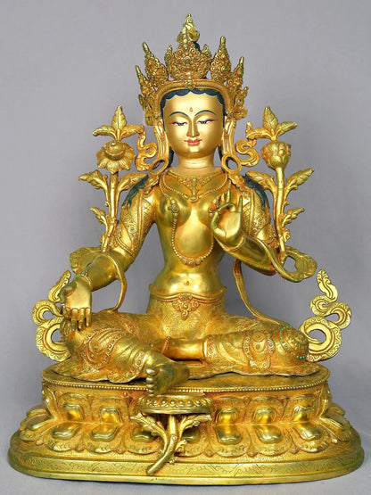 19" Goddess Green Tara Copper Figurine From Nepal | Handmade Goddess Idol