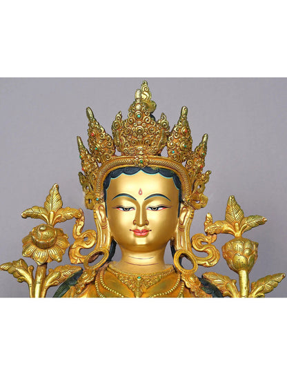 19" Goddess Green Tara Copper Figurine From Nepal | Handmade Goddess Idol