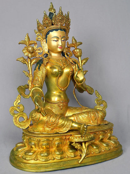 19" Goddess Green Tara Copper Figurine From Nepal | Handmade Goddess Idol