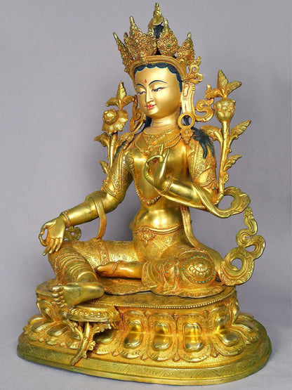 19" Goddess Green Tara Copper Figurine From Nepal | Handmade Goddess Idol