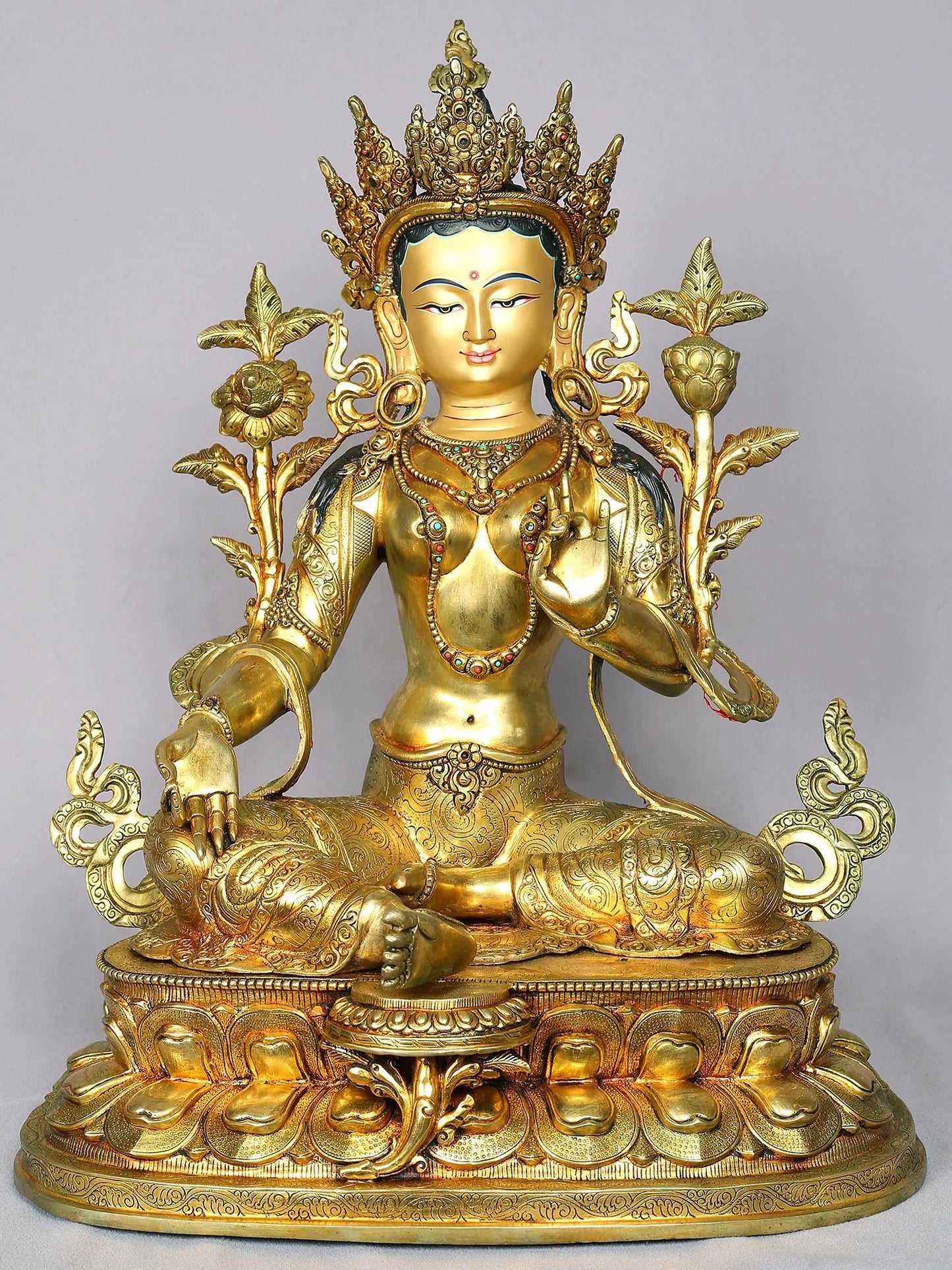 19" Nepalese Statue Of Goddess Green Tara | Copper Idol From Nepal | Handmade Buddhist Statue