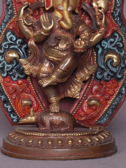 8" Dancing Lord Ganesha Idol On Mouse | Handmade Ganesha Idol | Copper Statue From Nepal