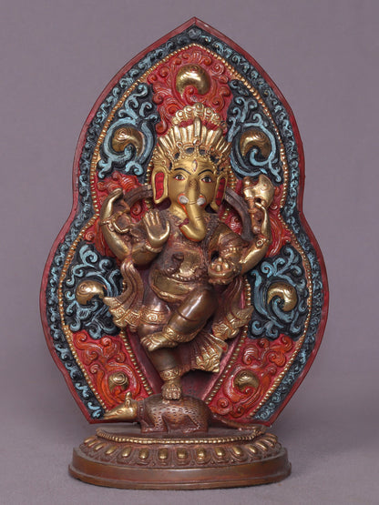 8" Dancing Lord Ganesha Idol On Mouse | Handmade Ganesha Idol | Copper Statue From Nepal