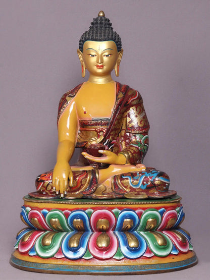 21" Colourful Shakyamuni Buddha Idol In Bhumisparsha Mudra | Nepalese Copper Statue