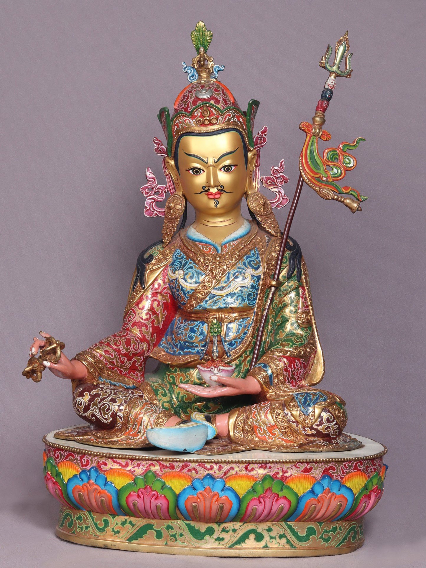 22" Colourful Guru Padmasambhava Idol On Lotus From Nepal | Handmade Buddhist Statue