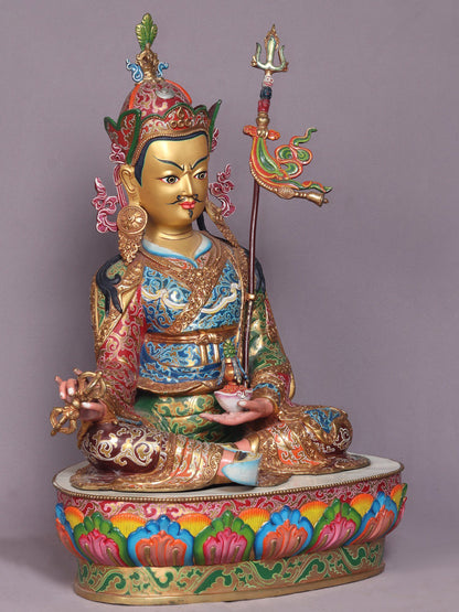 22" Colourful Guru Padmasambhava Idol On Lotus From Nepal | Handmade Buddhist Statue