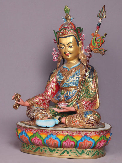 22" Colourful Guru Padmasambhava Idol On Lotus From Nepal | Handmade Buddhist Statue