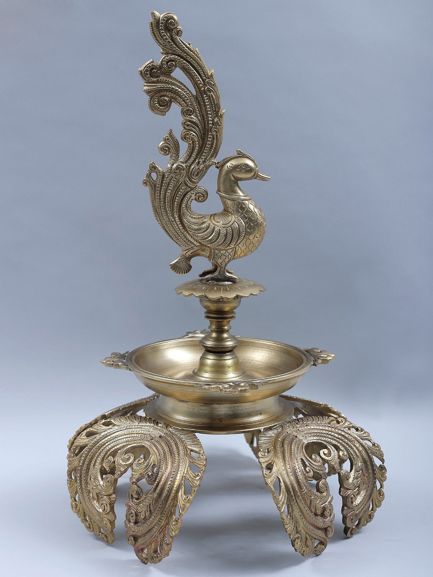 15" Bronze Peacock Designer Oil Lamp (Hoysala Art) | Handmade