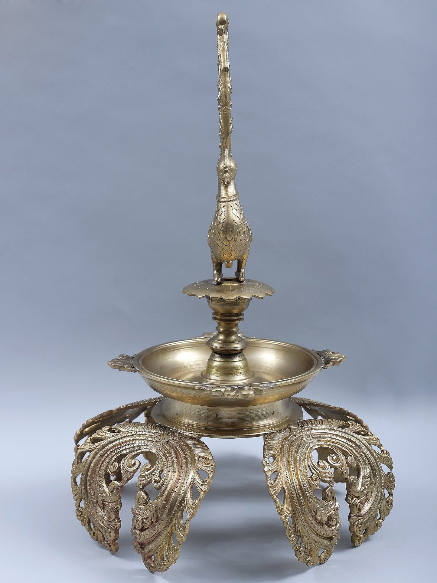 15" Bronze Peacock Designer Oil Lamp (Hoysala Art) | Handmade