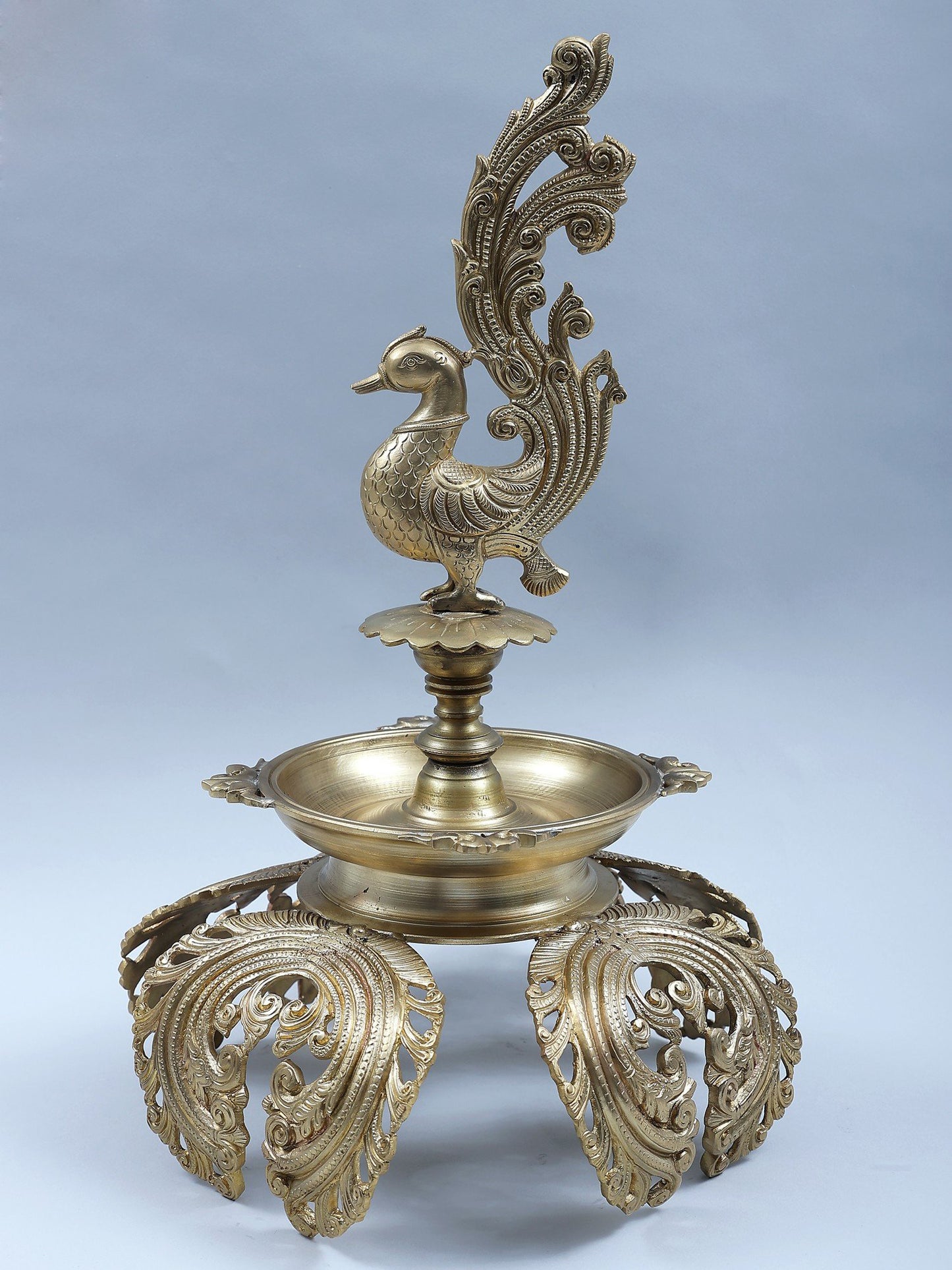 15" Bronze Peacock Designer Oil Lamp (Hoysala Art) | Handmade